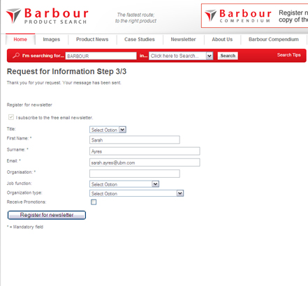 Request for Information - sign up for the Barbour Product Search newsletter (Step 3 of RFI form) Request for Information - sign up for the Barbour Product Search newsletter (Step 3 of RFI form)